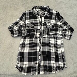 NEW Romeo & Juliet Couture button front Flannel Black/White plaid‎ tunic, M NWT